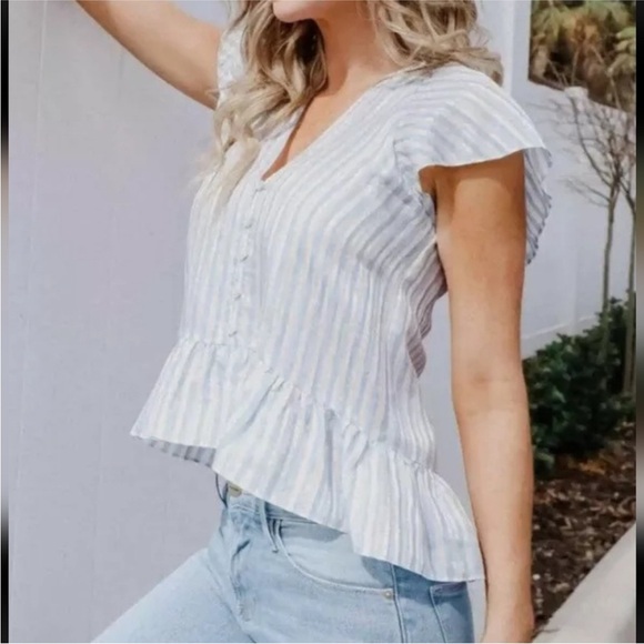 Veronica Beard Maple Blue White Striped Top 8 - Picture 2 of 9